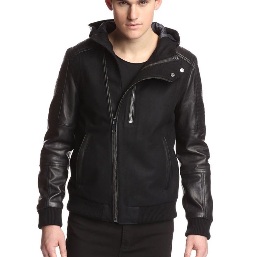 Daniel Won genuine lamb leather/wool,cashmere fabric moto jacket,sz S, pre-owned